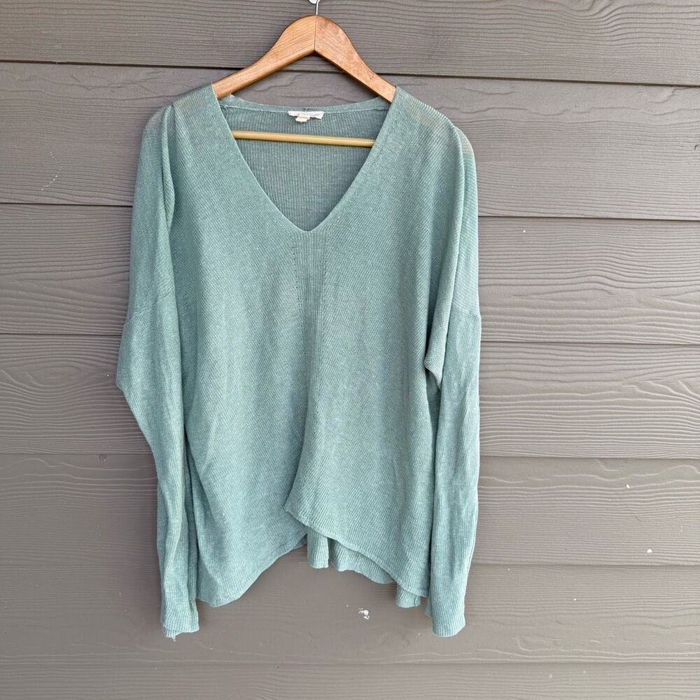 Eileen Fisher Green V-Neck Sweater Lightweight Knit